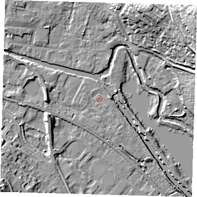 Shaded relief map of the ground around SG129FG, computed from Environment Agency LiDAR. The ground here sits at about 33 m above sea level and falls 30 m across the surrounding 800 m. Surface water reaching this point runs off ground lying to the south, 1.0 m higher.
