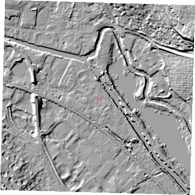 Shaded relief map of the ground around SG129FH, computed from Environment Agency LiDAR. The ground here sits at about 33 m above sea level and falls 31 m across the surrounding 800 m. Surface water reaching this point runs off ground lying to the west-south-west, 1.0 m higher.