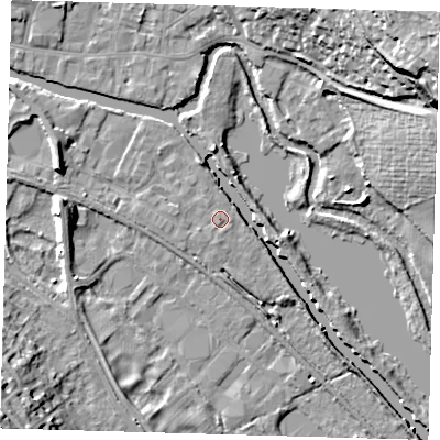 Shaded relief map of the ground around SG129FJ, computed from Environment Agency LiDAR. The ground here sits at about 33 m above sea level and falls 32 m across the surrounding 800 m. Surface water reaching this point runs off ground lying to the west, 1.0 m higher.