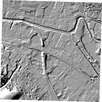 Shaded relief map of the ground around SG129FN, computed from Environment Agency LiDAR. The ground here sits at about 33 m above sea level and falls 36 m across the surrounding 800 m. Surface water reaching this point runs off ground lying to the west-north-west, 5.5 m higher.