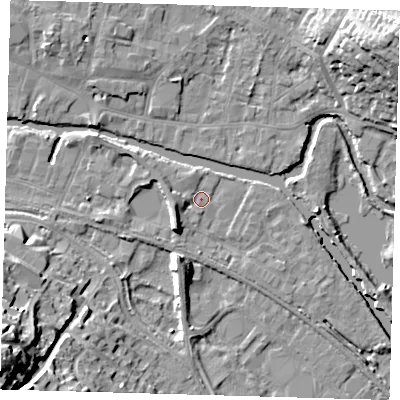 Shaded relief map of the ground around SG129FP, computed from Environment Agency LiDAR. The ground here sits at about 33 m above sea level and falls 31 m across the surrounding 800 m. Surface water reaching this point runs off ground lying to the south-west, 5.5 m higher.