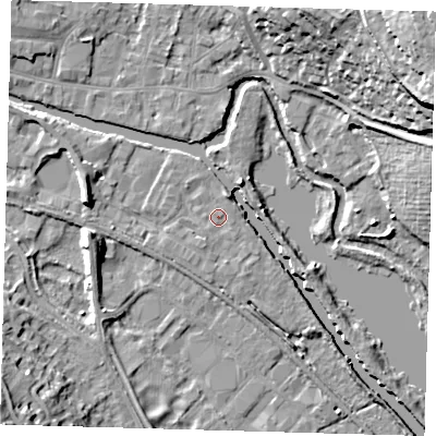 Shaded relief map of the ground around SG129FQ, computed from Environment Agency LiDAR. The ground here sits at about 33 m above sea level and falls 31 m across the surrounding 800 m. Surface water reaching this point runs off ground lying to the south-south-west, 1.0 m higher.