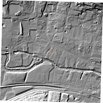 Shaded relief map of the ground around SG129FT, computed from Environment Agency LiDAR. The ground here sits at about 34 m above sea level and falls 17 m across the surrounding 800 m. Surface water reaching this point runs off ground lying to the north-north-east, 6.4 m higher.