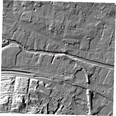 Shaded relief map of the ground around SG129FW, computed from Environment Agency LiDAR. The ground here sits at about 34 m above sea level and falls 35 m across the surrounding 800 m. Surface water reaching this point runs off ground lying to the east-north-east, 2.7 m higher.