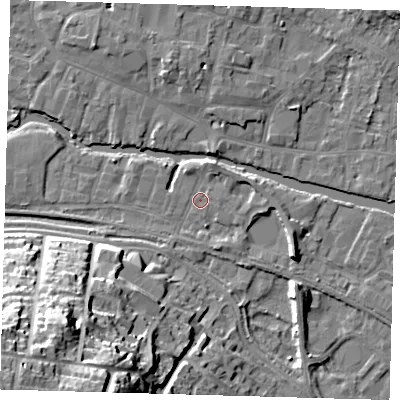 Shaded relief map of the ground around SG129HP, computed from Environment Agency LiDAR. The ground here sits at about 33 m above sea level and falls 36 m across the surrounding 800 m. Surface water reaching this point runs off ground lying to the north-north-east, 2.7 m higher.