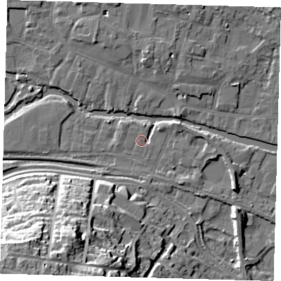 Shaded relief map of the ground around SG129HS, computed from Environment Agency LiDAR. The ground here sits at about 33 m above sea level and falls 36 m across the surrounding 800 m. Surface water reaching this point runs off ground lying to the east-north-east, 3.3 m higher.