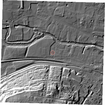 Shaded relief map of the ground around SG129HT, computed from Environment Agency LiDAR. The ground here sits at about 33 m above sea level and falls 36 m across the surrounding 800 m. Surface water reaching this point runs off ground lying to the east-south-east, 2.0 m higher.