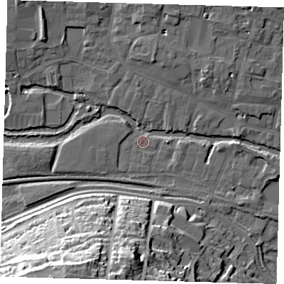 Shaded relief map of the ground around SG129HU, computed from Environment Agency LiDAR. The ground here sits at about 33 m above sea level and falls 34 m across the surrounding 800 m. Surface water reaching this point runs off ground lying to the north-east, 5.7 m higher.