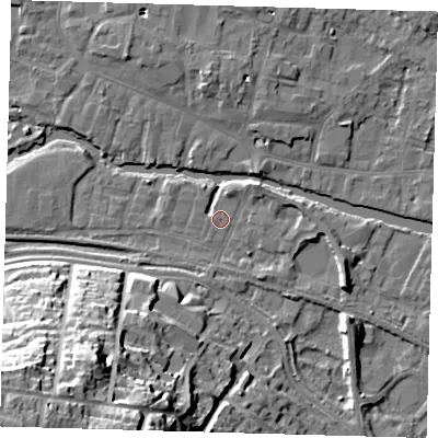 Shaded relief map of the ground around SG129HW, computed from Environment Agency LiDAR. The ground here sits at about 33 m above sea level and falls 36 m across the surrounding 800 m. Surface water reaching this point runs off ground lying to the north-east, 2.7 m higher.