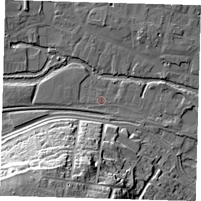 Shaded relief map of the ground around SG129HX, computed from Environment Agency LiDAR. The ground here sits at about 33 m above sea level and falls 37 m across the surrounding 800 m. The ground contributing surface water to this point lies to the north-north-west.