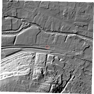 Shaded relief map of the ground around SG129HY, computed from Environment Agency LiDAR. The ground here sits at about 33 m above sea level and falls 37 m across the surrounding 800 m. Surface water reaching this point runs off ground lying to the south-south-west, 34.4 m higher.