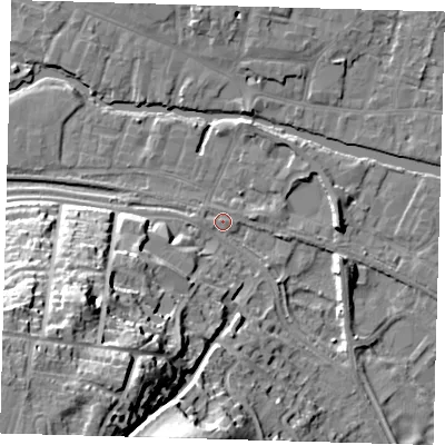Shaded relief map of the ground around SG129JE, computed from Environment Agency LiDAR. The ground here sits at about 34 m above sea level and falls 36 m across the surrounding 800 m. Surface water reaching this point runs off ground lying to the west, 1.2 m higher.