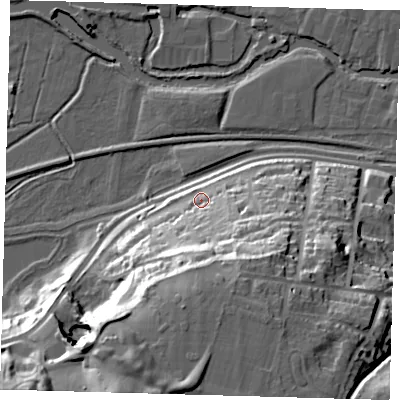 Shaded relief map of the ground around SG129JX, computed from Environment Agency LiDAR. The ground here sits at about 41 m above sea level and falls 40 m across the surrounding 800 m. Surface water reaching this point runs off ground lying to the south, 29.8 m higher.