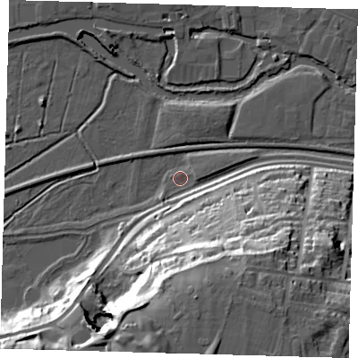 Shaded relief map of the ground around SG129LH, computed from Environment Agency LiDAR. The ground here sits at about 33 m above sea level and falls 40 m across the surrounding 800 m. Surface water reaching this point runs off ground lying to the south, 39.1 m higher.