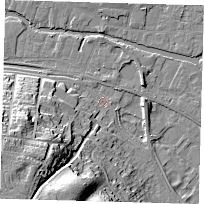 Shaded relief map of the ground around SG129LP, computed from Environment Agency LiDAR. The ground here sits at about 34 m above sea level and falls 37 m across the surrounding 800 m. Surface water reaching this point runs off ground lying to the south-west, 34.4 m higher.