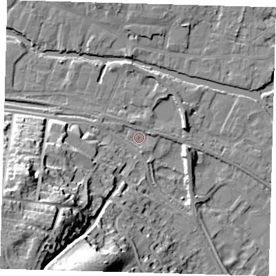 Shaded relief map of the ground around SG129LW, computed from Environment Agency LiDAR. The ground here sits at about 33 m above sea level and falls 37 m across the surrounding 800 m. Surface water reaching this point runs off ground lying to the south-west, 34.4 m higher.