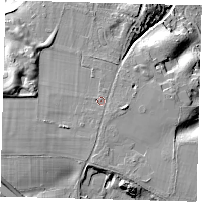 Shaded relief map of the ground around SG129NZ, computed from Environment Agency LiDAR. The ground here sits at about 69 m above sea level and falls 36 m across the surrounding 800 m. Surface water reaching this point runs off ground lying to the south-east, 1.4 m higher.