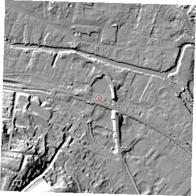 Shaded relief map of the ground around SG129PL, computed from Environment Agency LiDAR. The ground here sits at about 33 m above sea level and falls 36 m across the surrounding 800 m. Surface water reaching this point runs off ground lying to the south-west, 1.7 m higher.