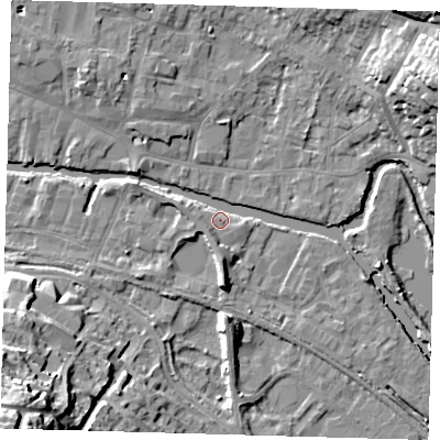 Shaded relief map of the ground around SG129PT, computed from Environment Agency LiDAR. The ground here sits at about 34 m above sea level and falls 34 m across the surrounding 800 m. Surface water reaching this point runs off ground lying to the south, 5.6 m higher.