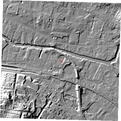 Shaded relief map of the ground around SG129PU, computed from Environment Agency LiDAR. The ground here sits at about 33 m above sea level and falls 35 m across the surrounding 800 m. Surface water reaching this point runs off ground lying to the north-east, 2.3 m higher.