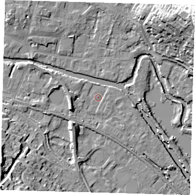 Shaded relief map of the ground around SG129PY, computed from Environment Agency LiDAR. The ground here sits at about 33 m above sea level and falls 24 m across the surrounding 800 m. Surface water reaching this point runs off ground lying to the west-south-west, 5.5 m higher.