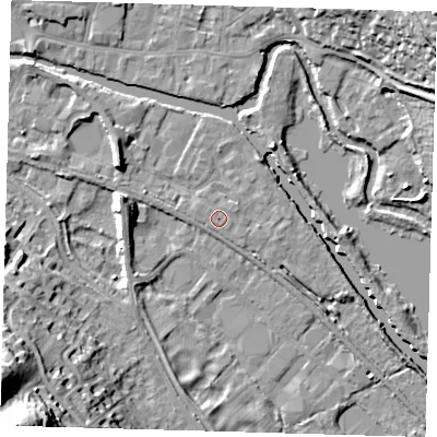 Shaded relief map of the ground around SG129PZ, computed from Environment Agency LiDAR. The ground here sits at about 33 m above sea level and falls 32 m across the surrounding 800 m. The ground contributing surface water to this point lies to the east-north-east.