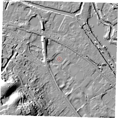 Shaded relief map of the ground around SG129QB, computed from Environment Agency LiDAR. The ground here sits at about 32 m above sea level and falls 38 m across the surrounding 800 m. Surface water reaching this point runs off ground lying to the west-south-west, 2.9 m higher.