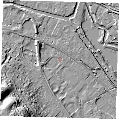 Shaded relief map of the ground around SG129QD, computed from Environment Agency LiDAR. The ground here sits at about 32 m above sea level and falls 37 m across the surrounding 800 m. Surface water reaching this point runs off ground lying to the south-west, 35.6 m higher.