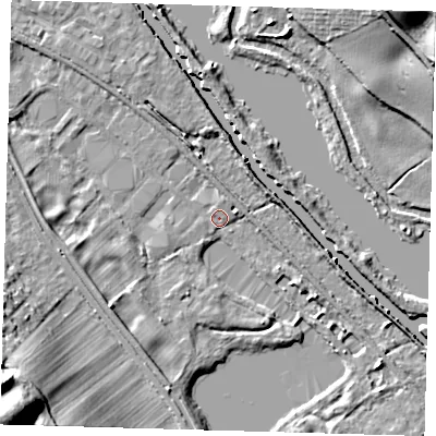 Shaded relief map of the ground around SG129QF, computed from Environment Agency LiDAR. The ground here sits at about 32 m above sea level and falls 34 m across the surrounding 800 m. Surface water reaching this point runs off ground lying to the south-west, 4.7 m higher.
