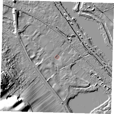 Shaded relief map of the ground around SG129QH, computed from Environment Agency LiDAR. The ground here sits at about 31 m above sea level and falls 38 m across the surrounding 800 m. Surface water reaching this point runs off ground lying to the south-west, 2.0 m higher.