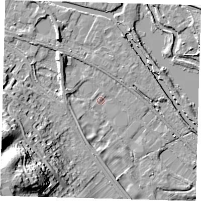 Shaded relief map of the ground around SG129QL, computed from Environment Agency LiDAR. The ground here sits at about 32 m above sea level and falls 38 m across the surrounding 800 m. Surface water reaching this point runs off ground lying to the south-west, 35.5 m higher.