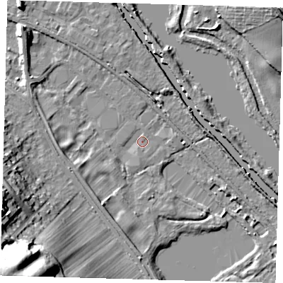 Shaded relief map of the ground around SG129QP, computed from Environment Agency LiDAR. The ground here sits at about 32 m above sea level and falls 36 m across the surrounding 800 m. Surface water reaching this point runs off ground lying to the north-west, 7.2 m higher.