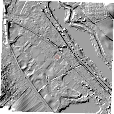 Shaded relief map of the ground around SG129QQ, computed from Environment Agency LiDAR. The ground here sits at about 31 m above sea level and falls 30 m across the surrounding 800 m. Surface water reaching this point runs off ground lying to the north-west, 7.4 m higher.