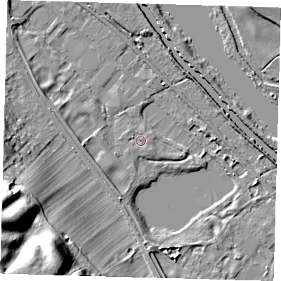 Shaded relief map of the ground around SG129QS, computed from Environment Agency LiDAR. The ground here sits at about 32 m above sea level and falls 38 m across the surrounding 800 m. Surface water reaching this point runs off ground lying to the west-north-west, 1.0 m higher.