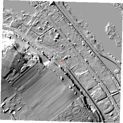 Shaded relief map of the ground around SG129SS, computed from Environment Agency LiDAR. The ground here sits at about 30 m above sea level and falls 38 m across the surrounding 800 m. Surface water reaching this point runs off ground lying to the south-west, 19.3 m higher.