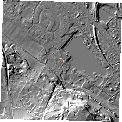 Shaded relief map of the ground around SG129SY, computed from Environment Agency LiDAR. The ground here sits at about 31 m above sea level and falls 38 m across the surrounding 800 m. Surface water reaching this point runs off ground lying to the north, 0.7 m higher.