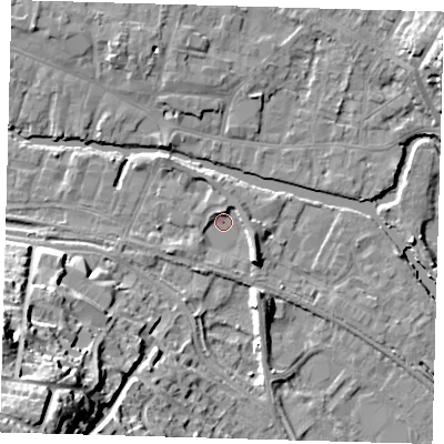 Shaded relief map of the ground around SG129UN, computed from Environment Agency LiDAR. The ground here sits at about 33 m above sea level and falls 36 m across the surrounding 800 m. Surface water reaching this point runs off ground lying to the north-north-west, 2.3 m higher.
