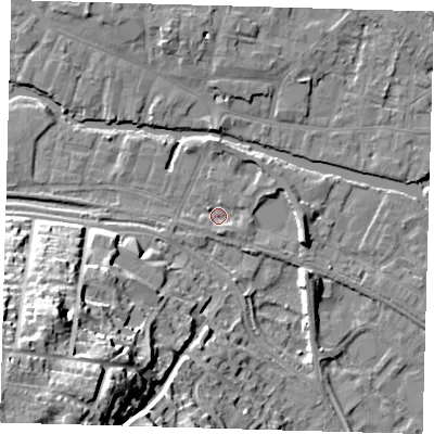 Shaded relief map of the ground around SG129UT, computed from Environment Agency LiDAR. The ground here sits at about 33 m above sea level and falls 37 m across the surrounding 800 m. Surface water reaching this point runs off ground lying to the east-north-east, 2.4 m higher.