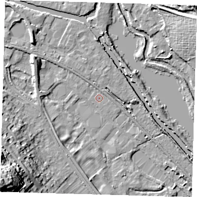Shaded relief map of the ground around SG129WR, computed from Environment Agency LiDAR. The ground here sits at about 32 m above sea level and falls 33 m across the surrounding 800 m. Surface water reaching this point runs off ground lying to the north-north-east, 1.0 m higher.