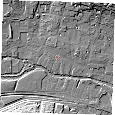 Shaded relief map of the ground around SG129XL, computed from Environment Agency LiDAR. The ground here sits at about 34 m above sea level and falls 18 m across the surrounding 800 m. Surface water reaching this point runs off ground lying to the north, 3.1 m higher.