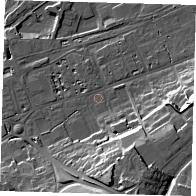 Shaded relief map of the ground around SG137AB, computed from Environment Agency LiDAR. The ground here sits at about 40 m above sea level and falls 32 m across the surrounding 800 m. Surface water reaching this point runs off ground lying to the south-south-east, 26.6 m higher.