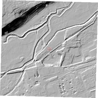 Shaded relief map of the ground around SG137AE, computed from Environment Agency LiDAR. The ground here sits at about 38 m above sea level and falls 34 m across the surrounding 800 m. Surface water reaching this point runs off ground lying to the south-south-west, 6.3 m higher.
