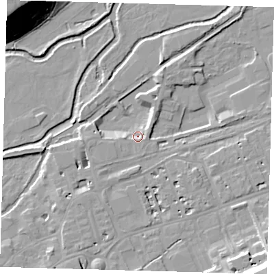 Shaded relief map of the ground around SG137AG, computed from Environment Agency LiDAR. The ground here sits at about 38 m above sea level and falls 31 m across the surrounding 800 m. Surface water reaching this point runs off ground lying to the south-west, 5.5 m higher.