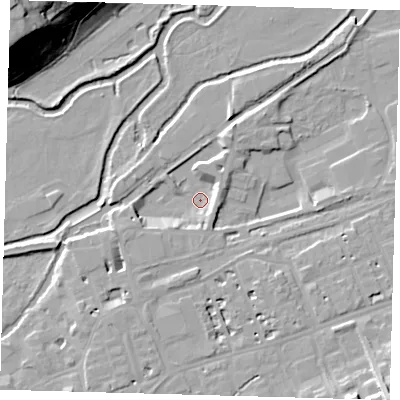 Shaded relief map of the ground around SG137AH, computed from Environment Agency LiDAR. The ground here sits at about 36 m above sea level and falls 32 m across the surrounding 800 m. Surface water reaching this point runs off ground lying to the south-west, 6.0 m higher.