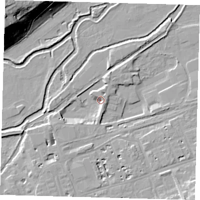 Shaded relief map of the ground around SG137AL, computed from Environment Agency LiDAR. The ground here sits at about 38 m above sea level and falls 30 m across the surrounding 800 m. Surface water reaching this point runs off ground lying to the south-west, 6.0 m higher.