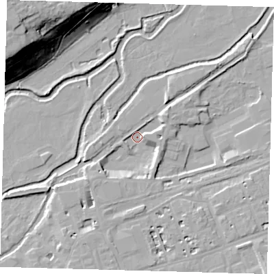 Shaded relief map of the ground around SG137AN, computed from Environment Agency LiDAR. The ground here sits at about 36 m above sea level and falls 32 m across the surrounding 800 m. Surface water reaching this point runs off ground lying to the south-south-west, 6.3 m higher.