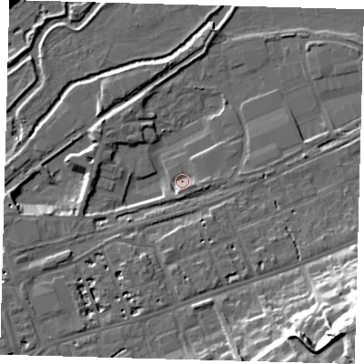 Shaded relief map of the ground around SG137AP, computed from Environment Agency LiDAR. The ground here sits at about 37 m above sea level and falls 29 m across the surrounding 800 m. Surface water reaching this point runs off ground lying to the south, 2.9 m higher.