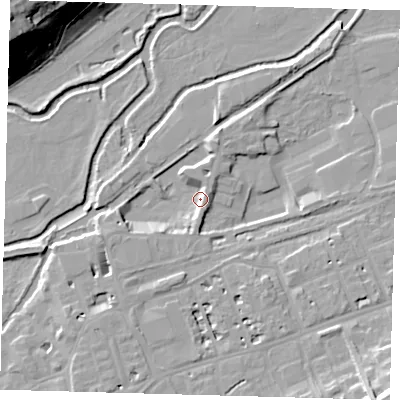 Shaded relief map of the ground around SG137AQ, computed from Environment Agency LiDAR. The ground here sits at about 38 m above sea level and falls 30 m across the surrounding 800 m. Surface water reaching this point runs off ground lying to the south-west, 5.9 m higher.