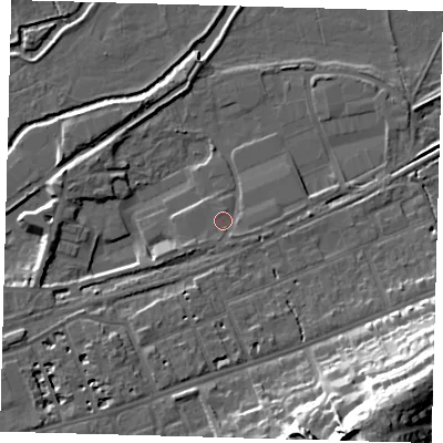 Shaded relief map of the ground around SG137AT, computed from Environment Agency LiDAR. The ground here sits at about 37 m above sea level and falls 30 m across the surrounding 800 m. Surface water reaching this point runs off ground lying to the west-south-west, 2.6 m higher.