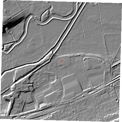 Shaded relief map of the ground around SG137AX, computed from Environment Agency LiDAR. The ground here sits at about 36 m above sea level and falls 12 m across the surrounding 800 m. The ground contributing surface water to this point lies to the south-south-east.